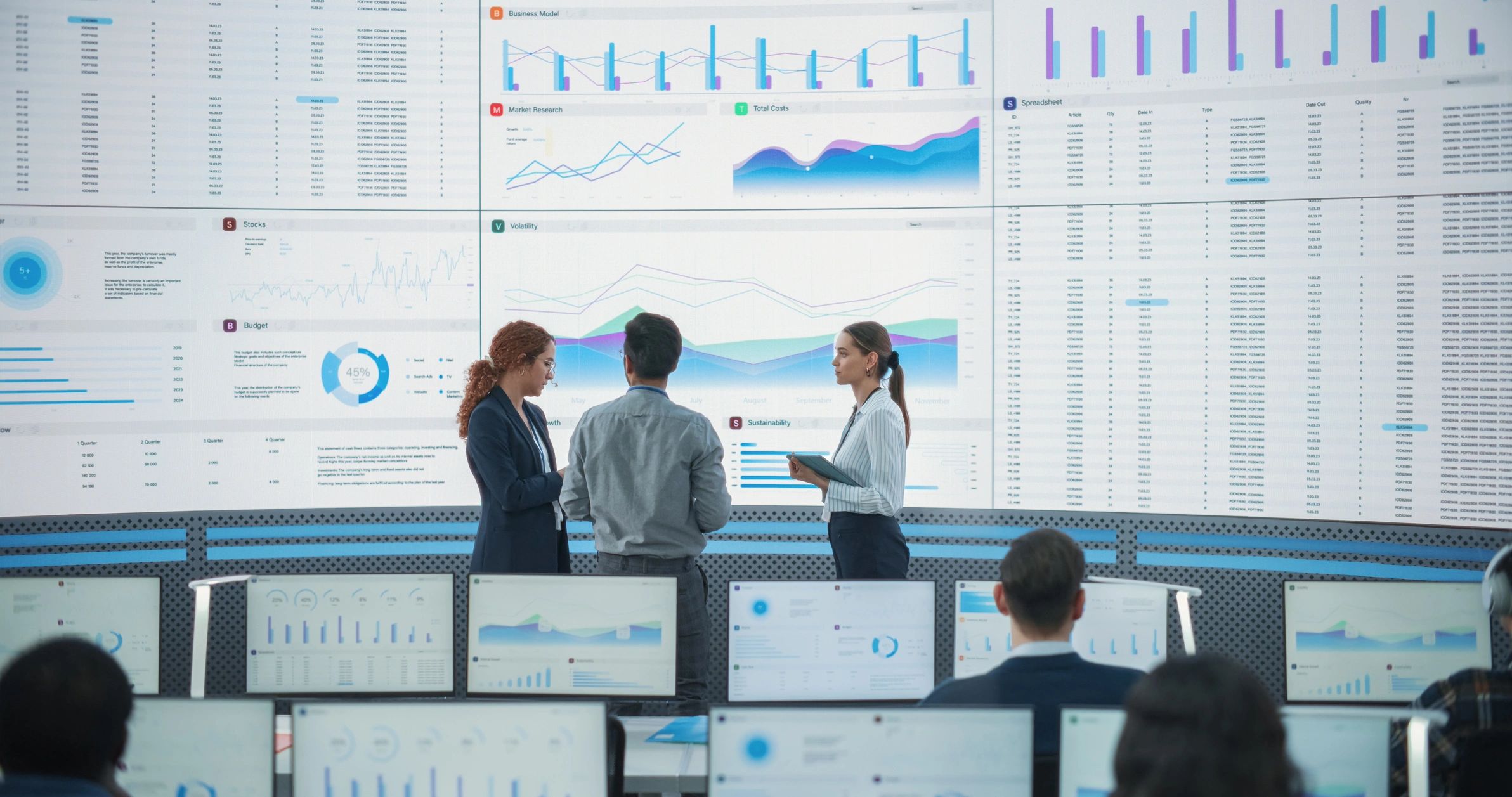 Executive team discussing analytics for testimonial